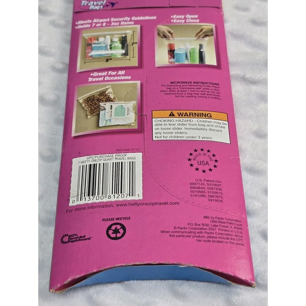 Hefty One Zip Travel Bags Quart Bag Size 7 New Discontinued Stock Airport TSA OK